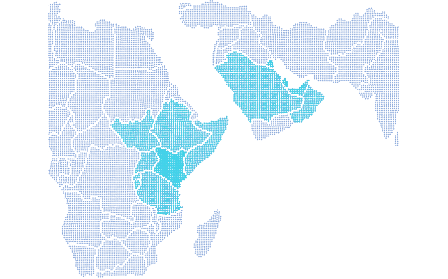 Dotted map highlighting East Africa and the Gulf region