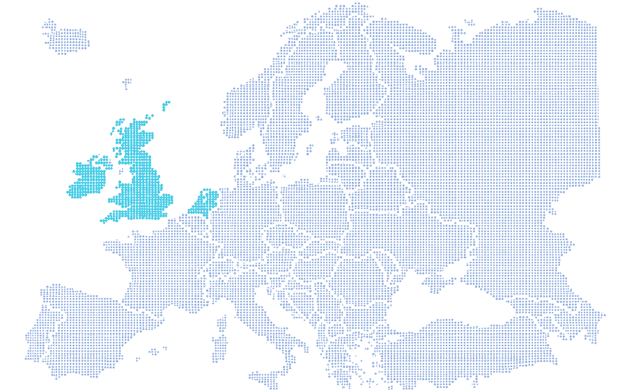Dotted map highlighting the United Kingdom and nearby European markets